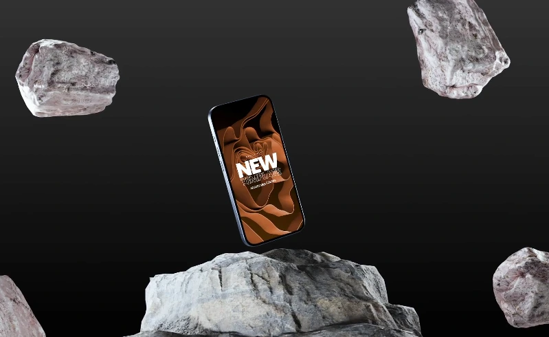 Dynamic Phone Mockup for Professional Presentations- with black background the phone is sitting on the meteor rock and there is two meteor floating in the background